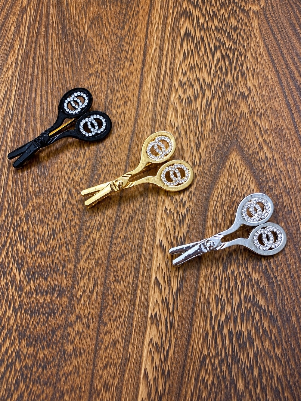Triple-Finish Crystal Double-Loop Brooch Set — Black, Gold & Silver